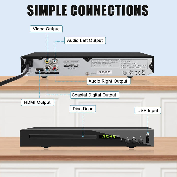 Blu-ray Player für TV, Kompakt Blu-ray-Disc-Player 1080P DVD-Player mit HDMI-Ausgang, AV-Ausgang, Ko
