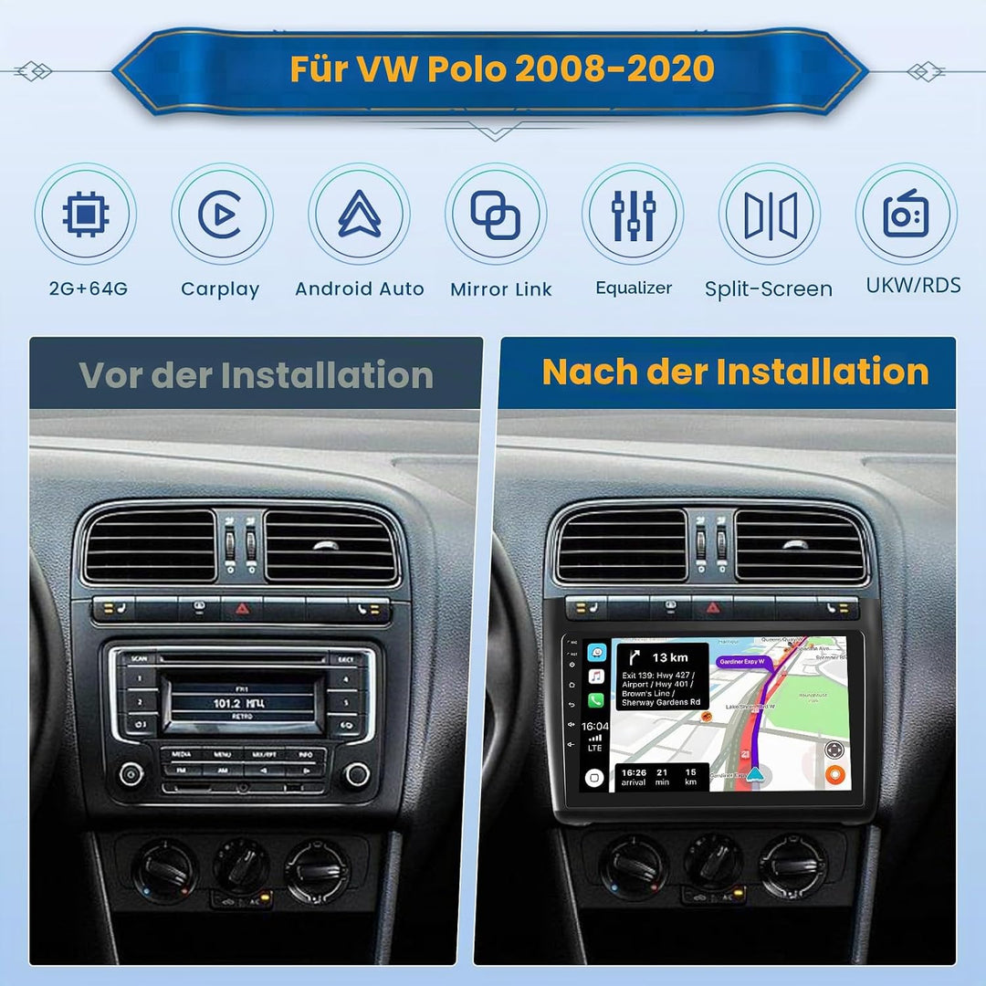 Android 15 Autoradio für Volkswagen VW Polo 5 2008-2020 mit Wireless CarPlay Android Auto 2+64G, 9 Z