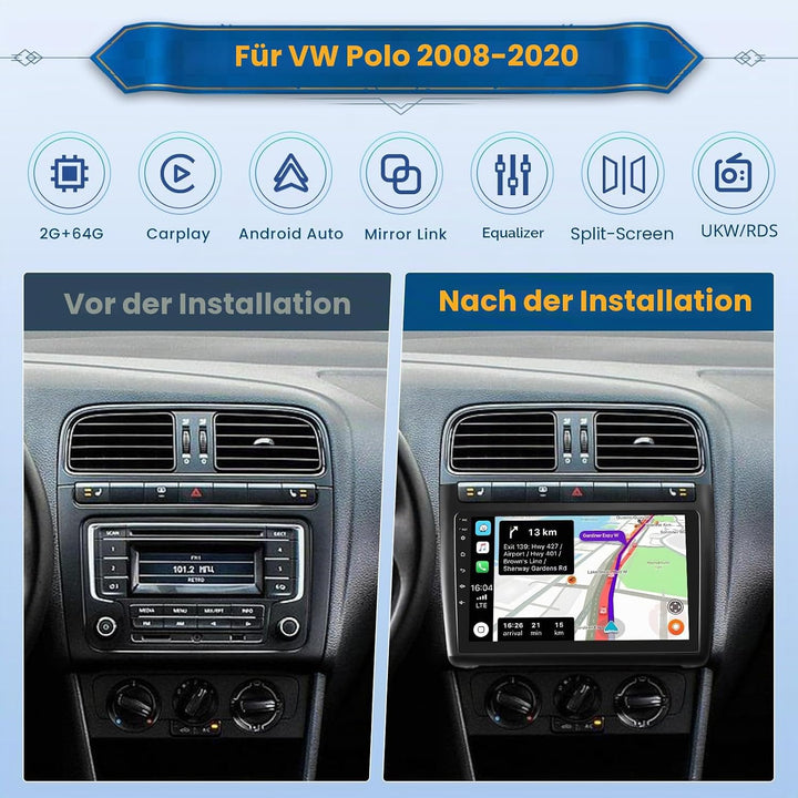 Android 15 Autoradio für Volkswagen VW Polo 5 2008-2020 mit Wireless CarPlay Android Auto 2+64G, 9 Z