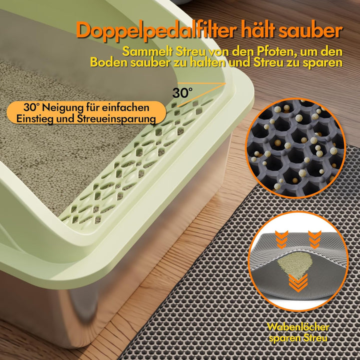 Katzentoilette Edelstahl Halbgeschlossen Gross | Katzenstreuschaufel, Doppelschicht Matte, Leicht zu