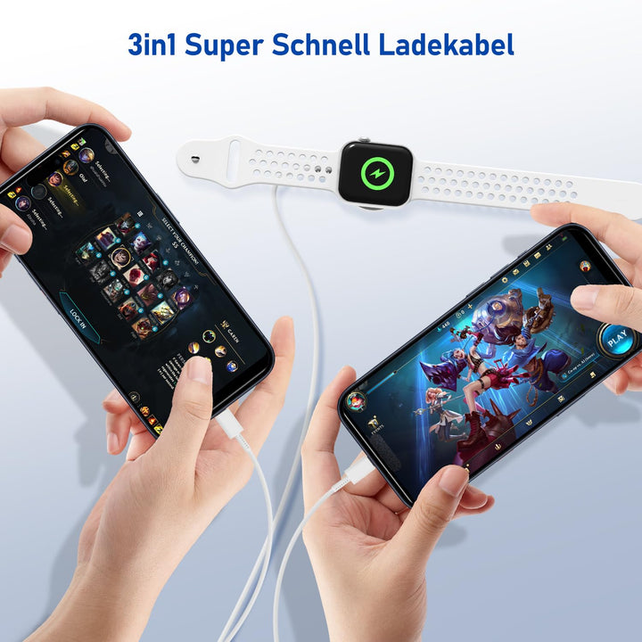 3-in-1 Ladekabel für Apple Watch und iPhone, 2M USB C iWatch Ladegerät mit Kabel, 20w Schnellladeger