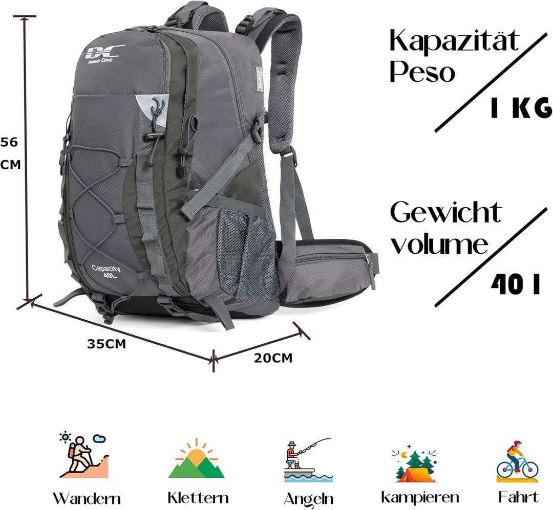 Wanderrucksack 40l Damen Herren Rucksack Wasserdicht Reiserucksack mit Regenschutz Dunkelgrau, Dunke