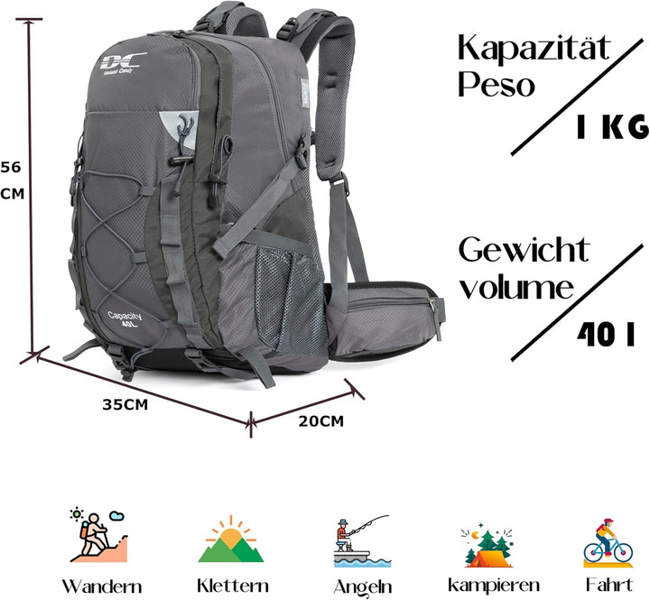 Wanderrucksack 40l Damen Herren Rucksack Wasserdicht Reiserucksack mit Regenschutz Dunkelgrau, Dunke