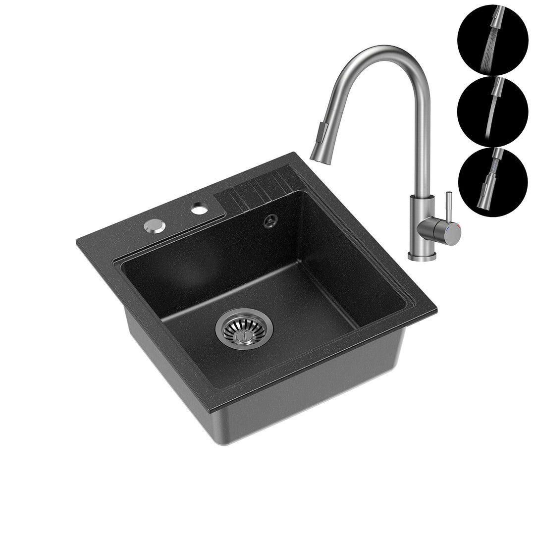 VBChome Spüle mit Armatur 52 x 50 cm Schwarz Inox Tiefes Becken 20cm Küche Einbauspüle Verbundspüle