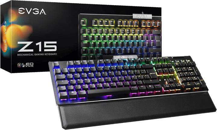 EVGA Z15 RGB Gaming Keyboard, RGB Backlit LED, Hot Swappable Mechanical Kailh Speed Silver Switches