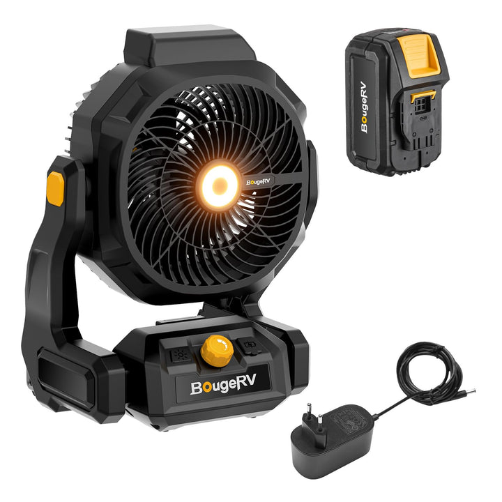 BougeRV F02 Camping Ventilator mit Akku 72 Std. Stufenlos 7,5m/s, AC/DC | 144Wh Akku Laufzeit, Tragb