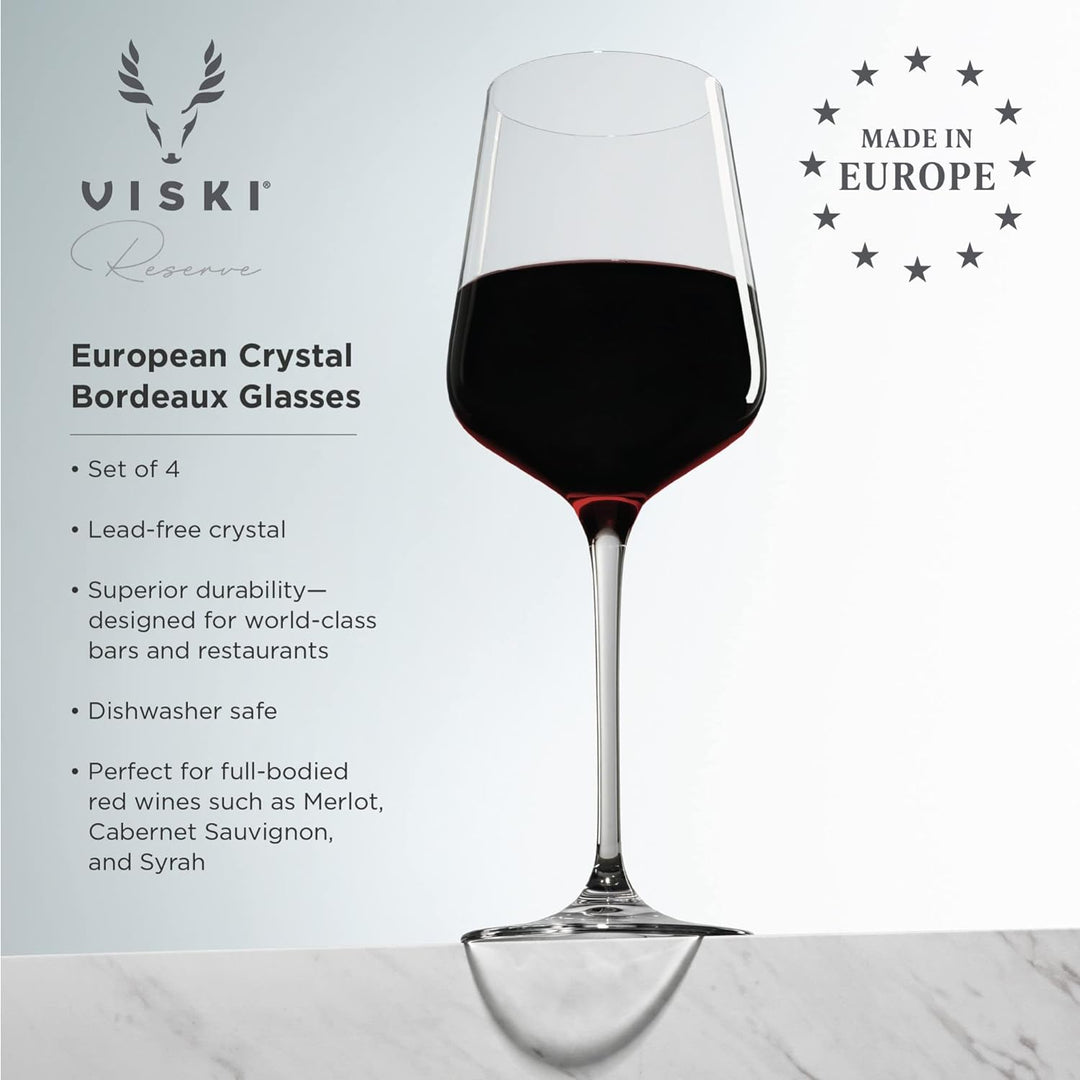 Viski Reserve European Crystal Bordeaux-Gläser, 4 Rotweingläser aus bleifreiem Kristallglas, Glaswar