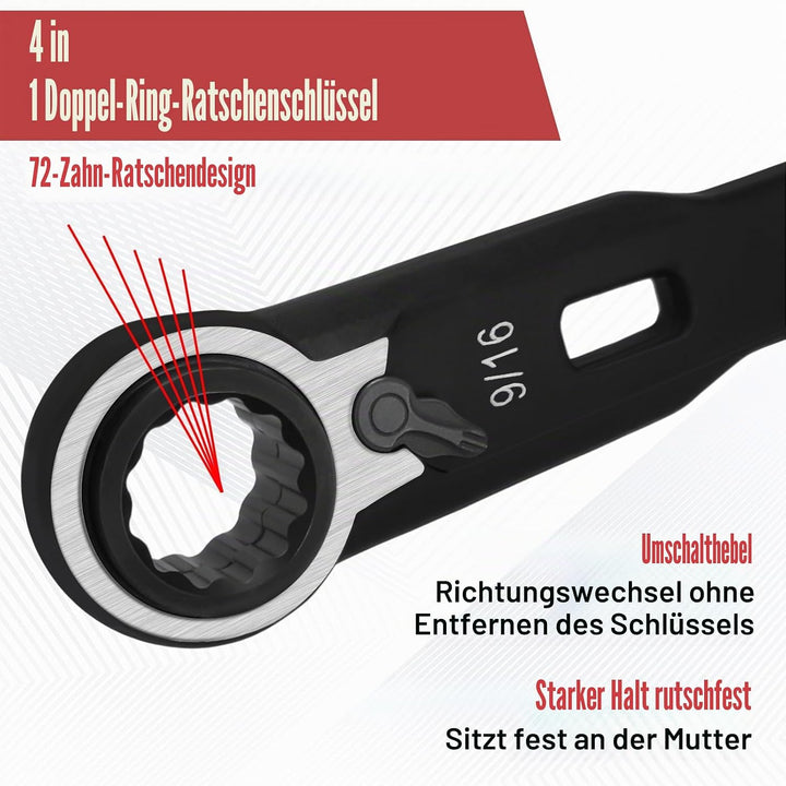 4-in-1 Umkehrbarer Ratschenschlüssel-Set SAE 9/16" 5/8" 11/16" 3/4" Doppel-Ringschlüssel-Set Ratsche