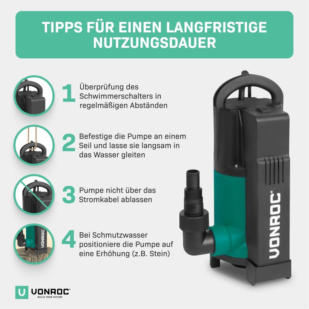 VONROC Tauchmotorpumpe 750W - 14000 l/h - Integrierter Schwimmer | Schmutz- und Klarwasser