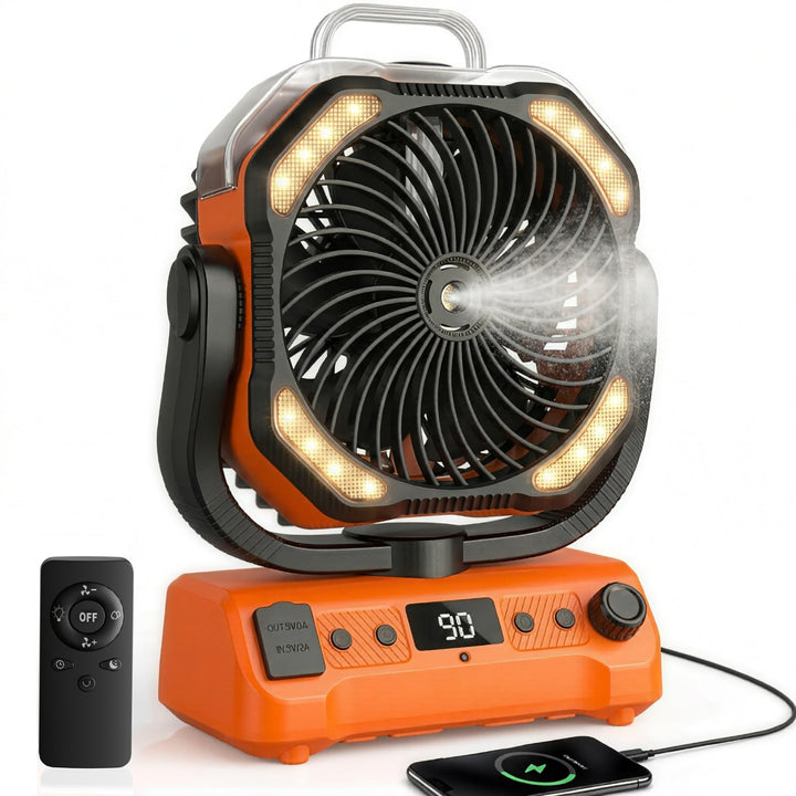20000mAh Camping Ventilator Akku mit Licht, 0-100 Stufen Regelbar Outdoor Ventilator mit Sprühfunkti