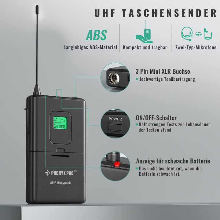 Phenyx Pro 4-Kanal UHF Drahtlos-Mikrofonsystem, Festfrequenz-Mikrofon mit Hand-/Taschen-/Kopfbügel-/