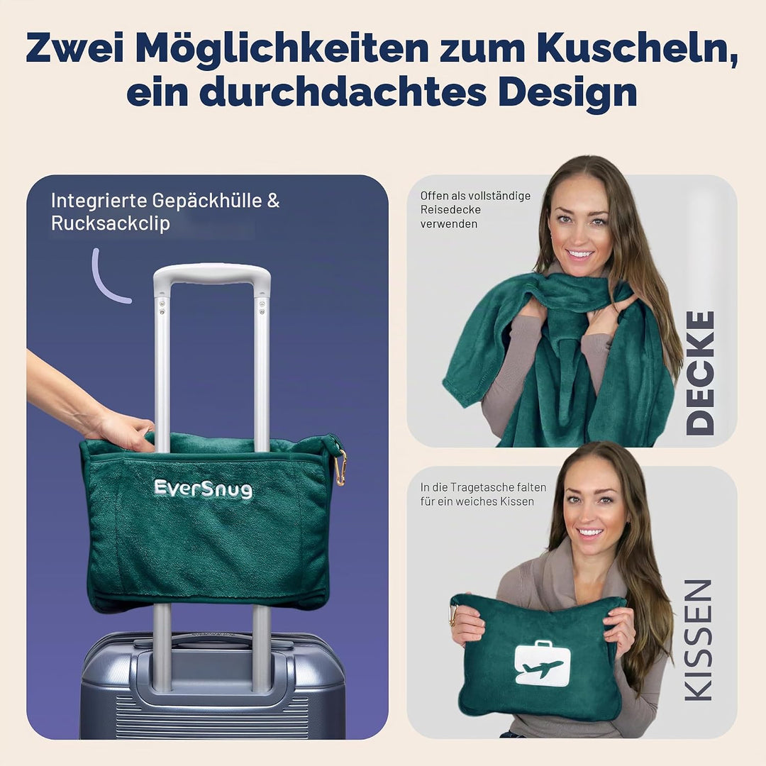 EverSnug Reisedecke und -Kissen - hochwertige, weiche 2-in-1-Flugzeugdecke mit weichem Kopfkissenbez