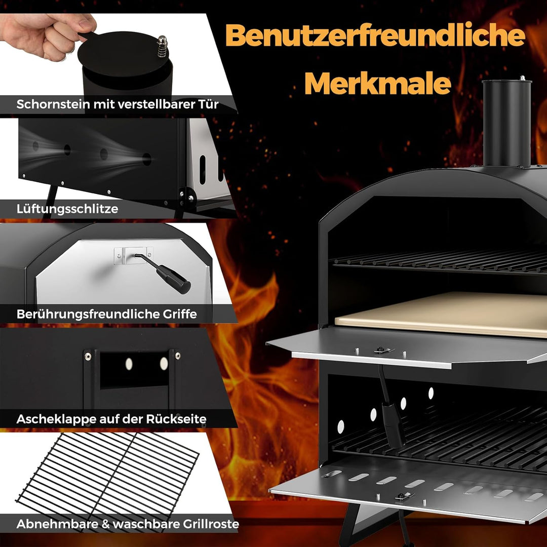 COSTWAY Outdoor Pizzaofen, 2-lagigem Pizza Ofen mit Grillrost, Pizzaschaufel, quadratischem Stein, w