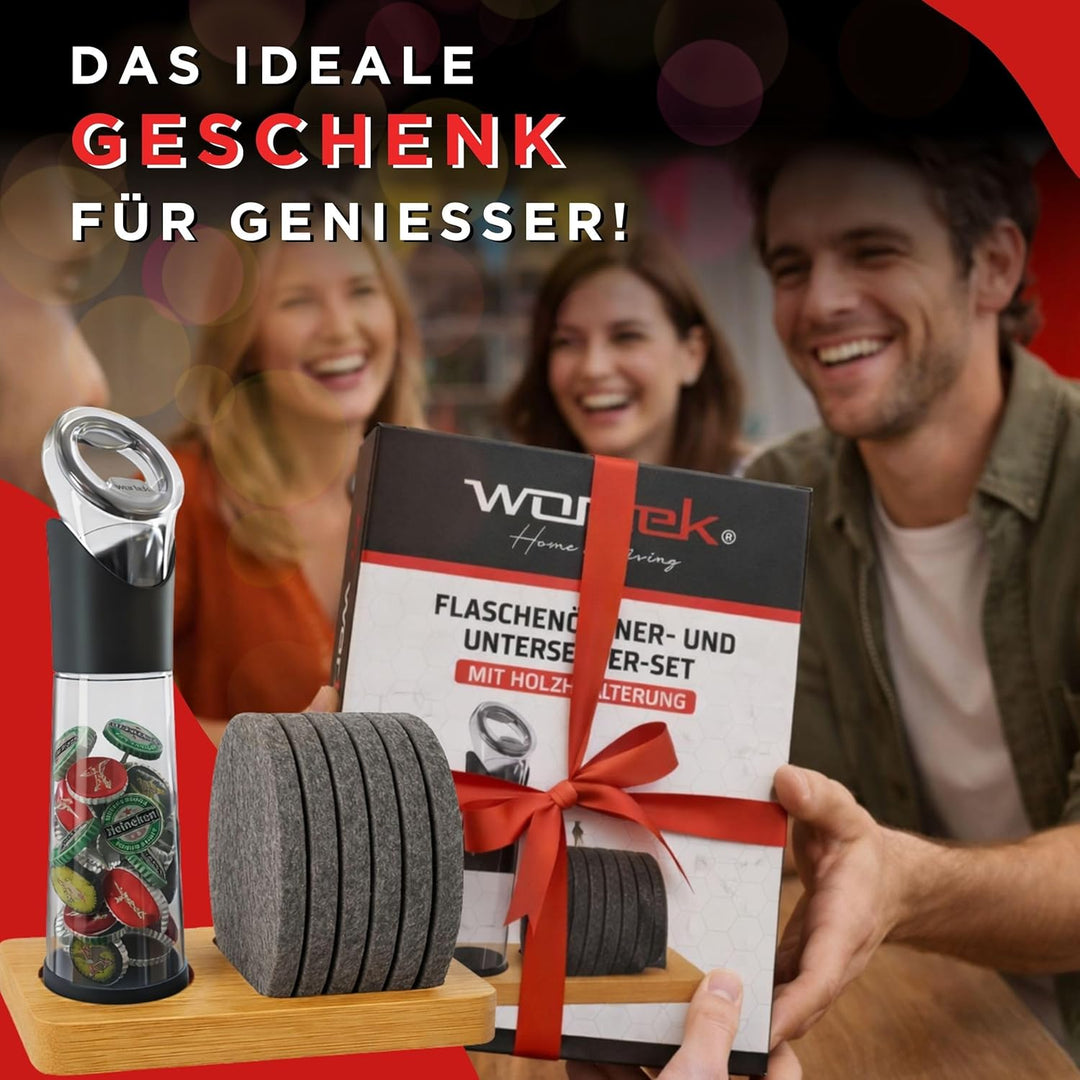 wortek Flaschenöffner mit Auffangbehälter + Filz Untersetzer Gläser Set mit Halterung Glas Untersetz