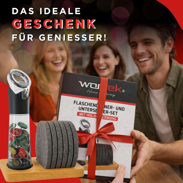 wortek Flaschenöffner mit Auffangbehälter + Filz Untersetzer Gläser Set mit Halterung Glas Untersetz