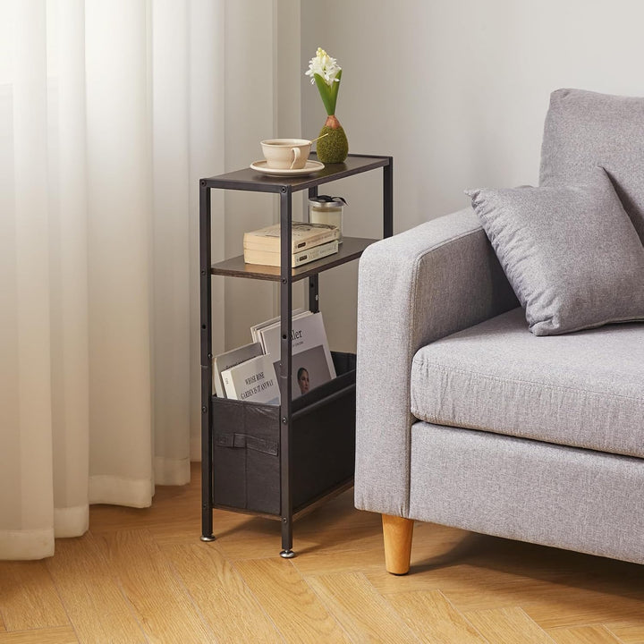 Beistelltisch mit Stauraum, 3-stufiger schmaler Couchtisch mit Stoffkorb, schmaler Nachttisch, Klein