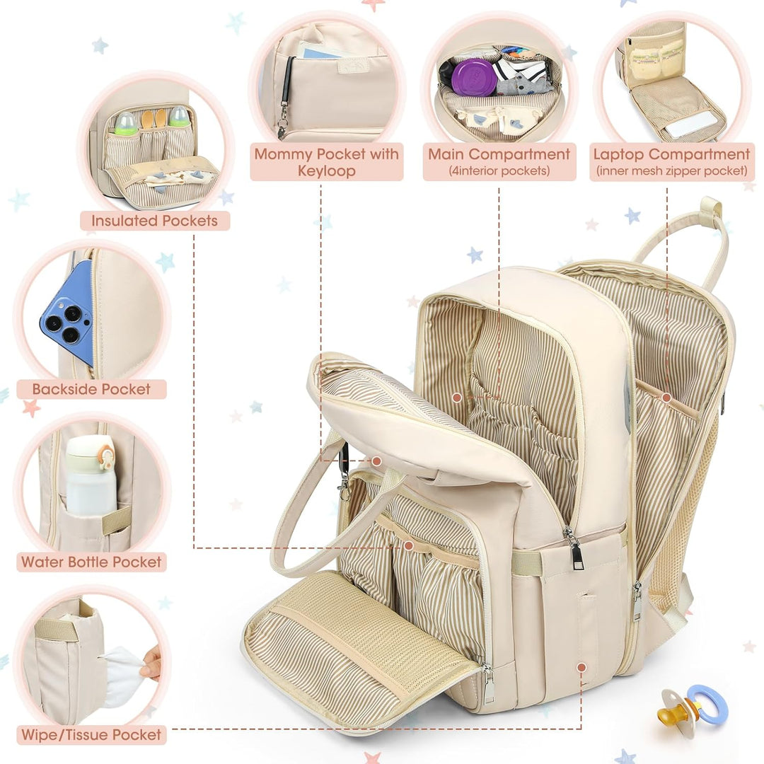 RAINSMORE Baby Wickelrucksack Gross Wickeltasche Rucksack mit Kinderwagengurten und Wickelunterlage