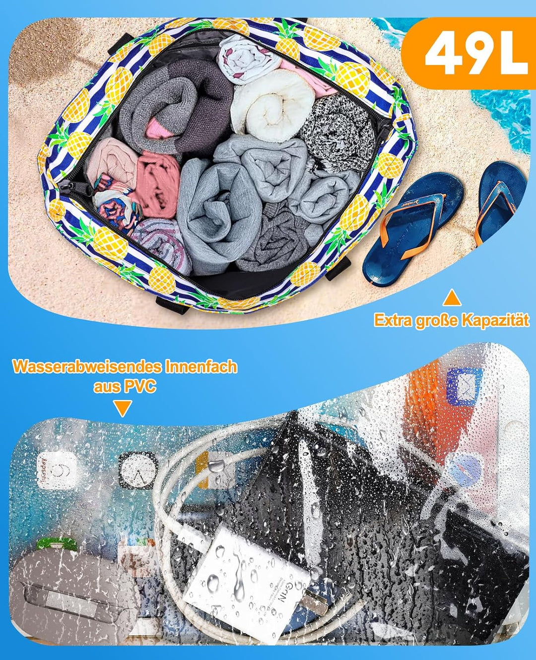 ISEYOU Strandtasche XXL Familie mit Kühltasche, Gross Strandtasche mit Reissverschluss Wasserdicht S