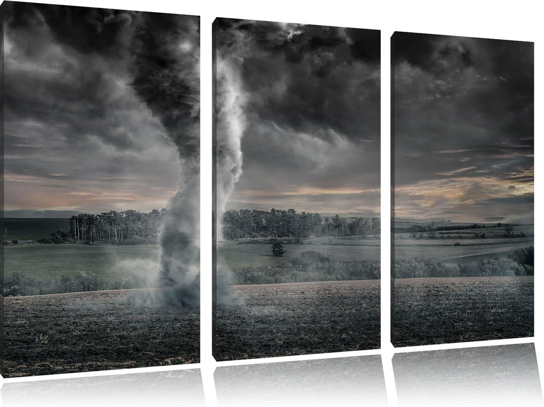 Pixxprint Schwarzer Tornado auf dem Feld als Leinwandbild/Grösse: 3 Teilig (120x80) cm/Wandbild/Kuns