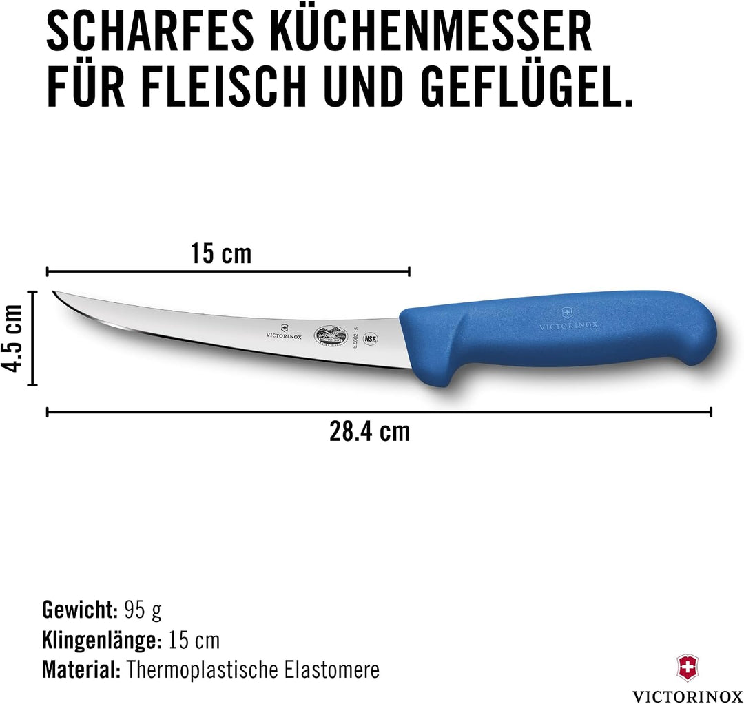 Victorinox Fibrox Ausbeinmesser, Scharfes Küchenmesser für Fleisch und Fisch, 15 cm, Gebogene Klinge