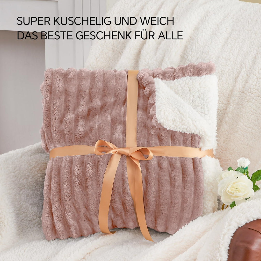 BEDELITE warme Decke Sherpa Kuscheldecke Flauschig Altrosa 150x200 | dicke Deko Fleecedecke, Cord Üb