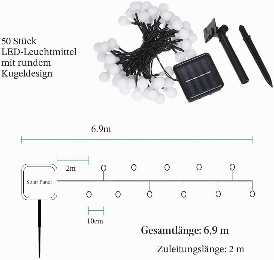 Tomshine Solar Lichterkette Aussen 50Leds, 6,9 Meter Solar Lichterkette Aussen mit 50 LED Kugel, 8 L