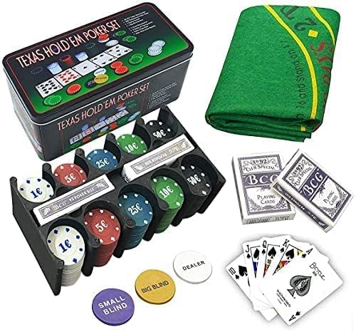 ISDI Poker-Set, Metallbox, 200 Pokerchips, 2 Decks, Dealer-Knopf, kleiner Blind, Big Blind, Spielmat