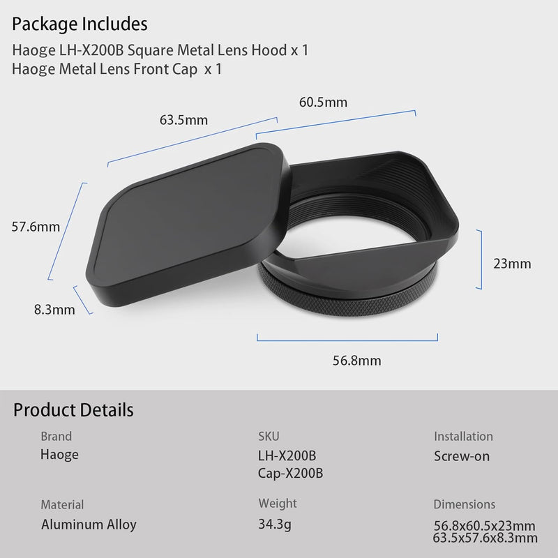 Haoge LH-X200B Gegenlichtblende aus Metall mit 49 mm Adapterring und Metallkappe für Fujifilm Fuji X