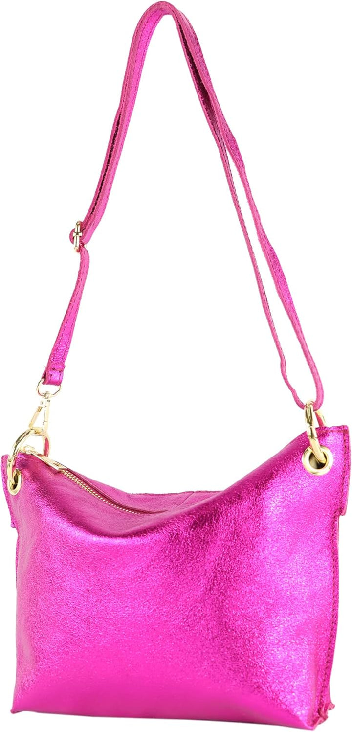 modamoda de - T243 - ital. Umhängetasche Klein Small aus Leder Pink-metallic, Pink-metallic