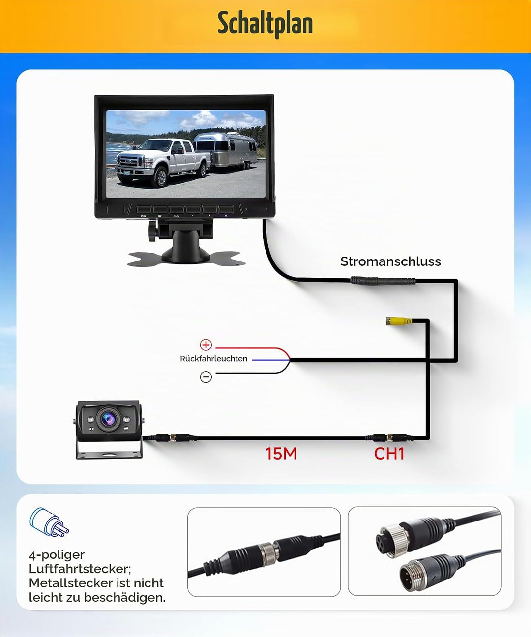 1080P HD Rückfahrkamera Kabel mit 7 Zoll IPS Monitor Kit Einparkhilfe,1024 * 600,IP69 AHD Rückfahrka