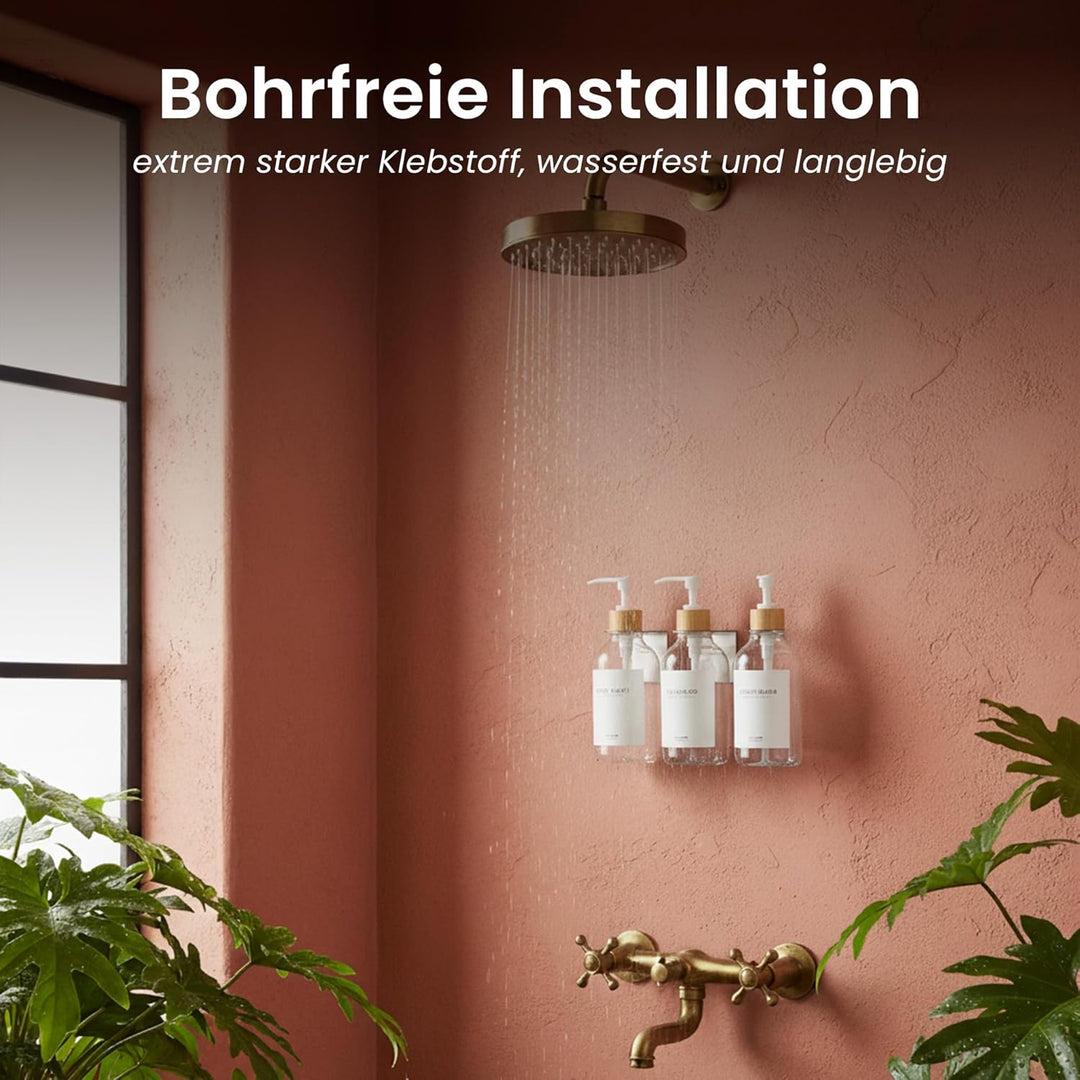 MAISONOVO Bohrfreier Shampoo-/Seifenspender für Duschwand, 3 Kammern mit Wasserdichten Etiketten, 3