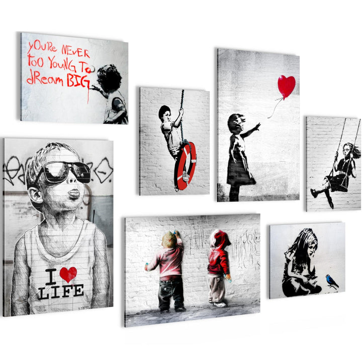 Novart Wandbilder Banksy Collage - KOMPLETT AUFHÄNGFERTIG - Street Art Grau Wohnzimmer Büro Loft - 7