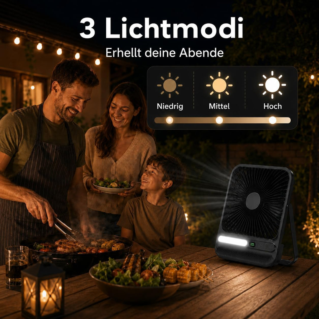 Akku Ventilator, 7 Zoll, 10000mAh, 4 Geschwindigkeiten | Ultraflach, leise und tragbar, mit Display,