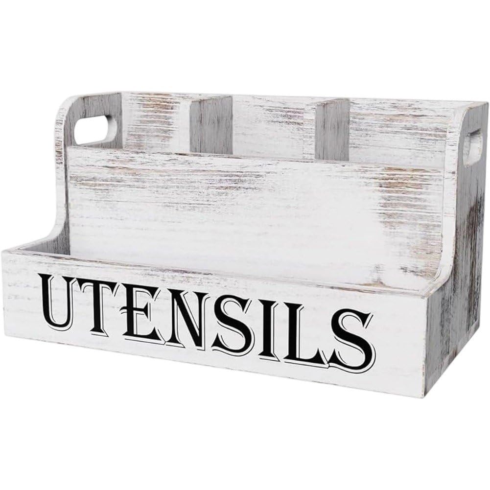 Besteck-aufbewahrungsbox Aus Holz Im Ländlichen Stil, Weisser Küchenutensilienhalter, Grosser Utensi