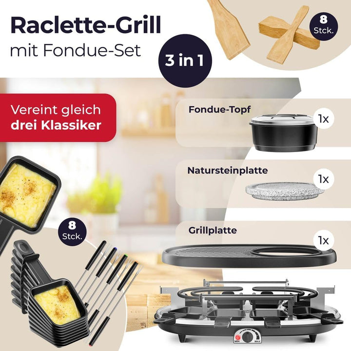 KESSER® 3in1 Raclette-Grill mit Naturgrillstein, Grillplatte und Fondue, Tischgrill für 8 Personen,