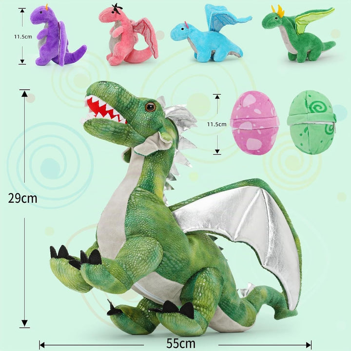 MorisMos 55cm Stehend Drache Kuscheltier mit Baby im Bauch, Grün Gross Plüschdrache Kuscheltiere XXL