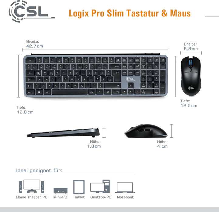 CSL Logix Pro - Tastatur Maus Set kabellos in schwarz mit QWERTZ Layout bestehend aus Funktastatur,