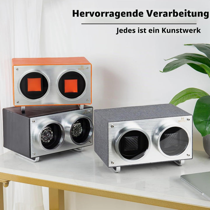 MOZSLY Doppel Uhrenbeweger für Automatikuhren mit leisem Motor Grau Hanf Baumwoll Gewebe Orange, Ora