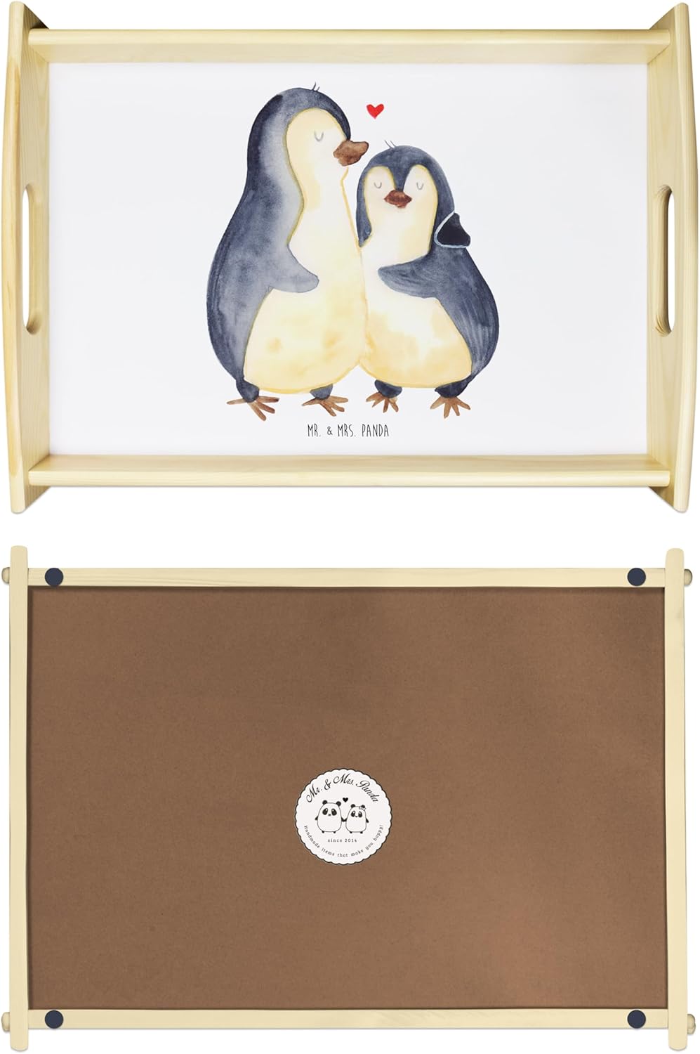 Mr. & Mrs. Panda Serviertablett Pinguin umarmend - Geschenk, Holztablett, Frühstückstablett, glückli