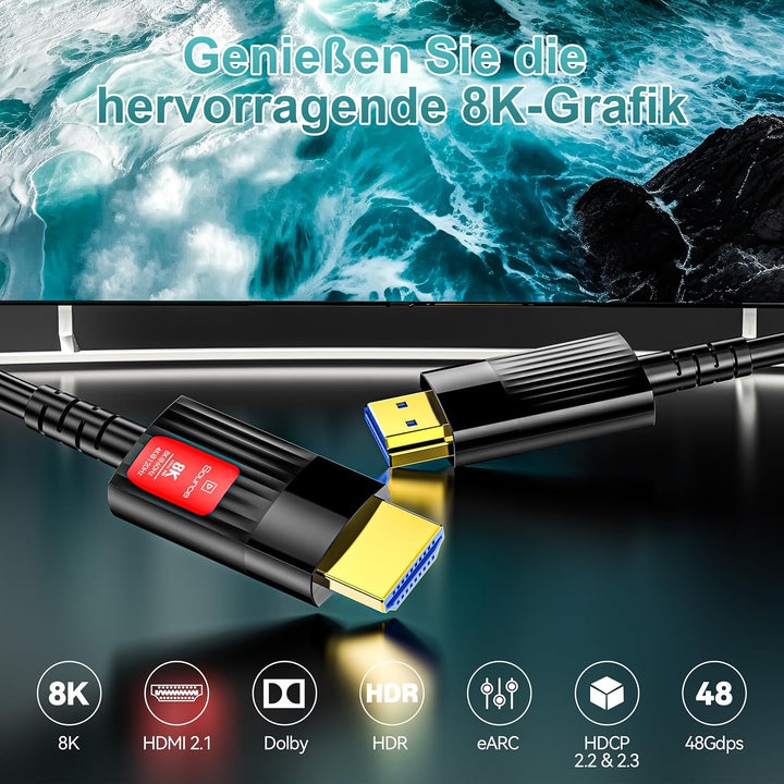 8K Glasfaser HDMI Kabel 12Meter, 48Gbps Ultra High Speed HDMI 2.1 Kabel 8K@60Hz 4K@120Hz eARC HDCP 2