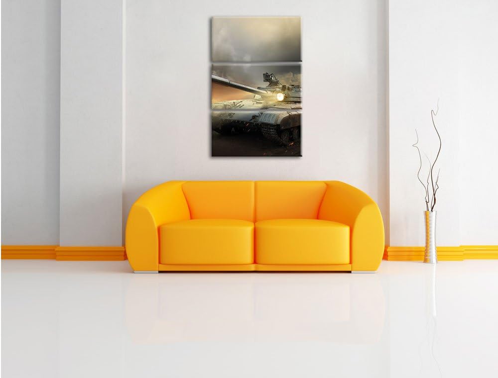 Pixxprint Panzer im Nebel 3Teiler 120x80 cm Leinwandbild Wandbild Kunstdruck