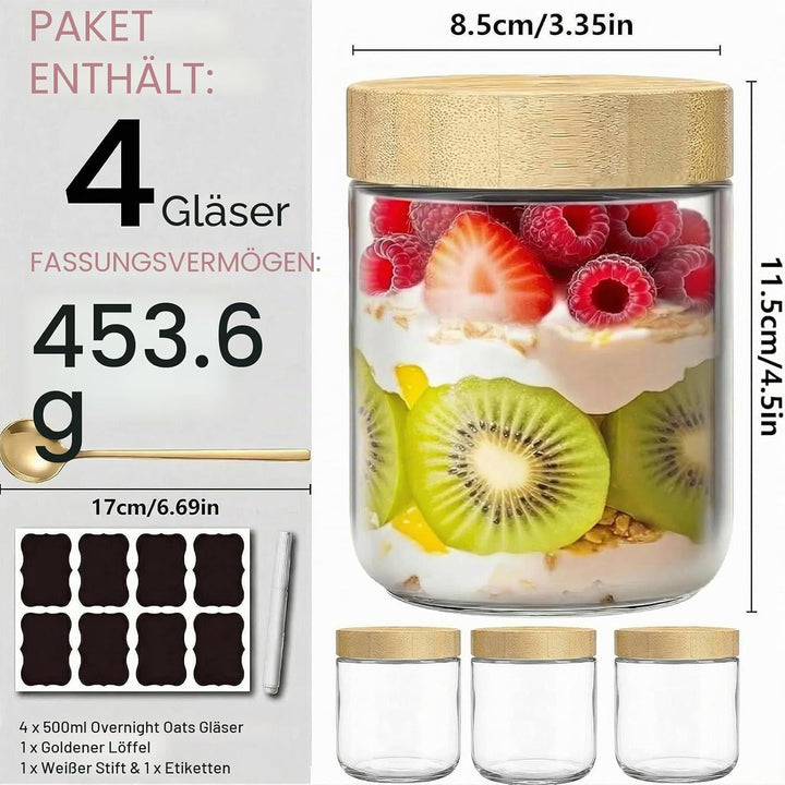 4 Set Overnight Oats Gläser 500ml,Meal Prep Gläser,Einmachgläser mit Schraubdeckel &amp; Löffel,Mason Ja