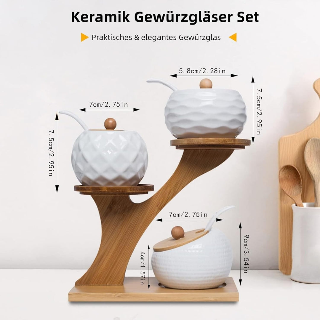 MIATTCLD Keramik Gewürzgläser 3er Set, Zuckerdose Gewürzdosenset mit Bambus Deckel, Löffel und Table