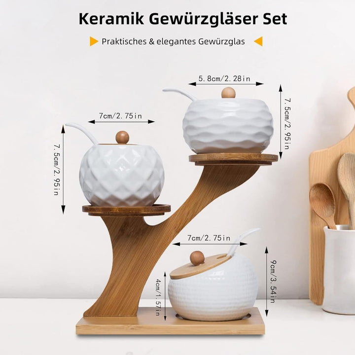 MIATTCLD Keramik Gewürzgläser 3er Set, Zuckerdose Gewürzdosenset mit Bambus Deckel, Löffel und Table