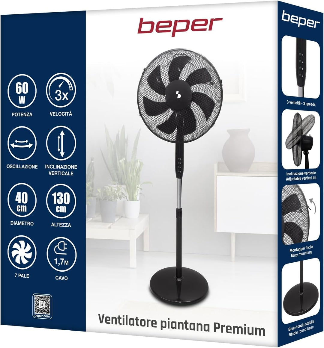 BEPER P206VEN120 Standventilator mit 7 Flügeln, 40 cm, Oszillationsfunktion, 3 Geschwindigkeitsstufe