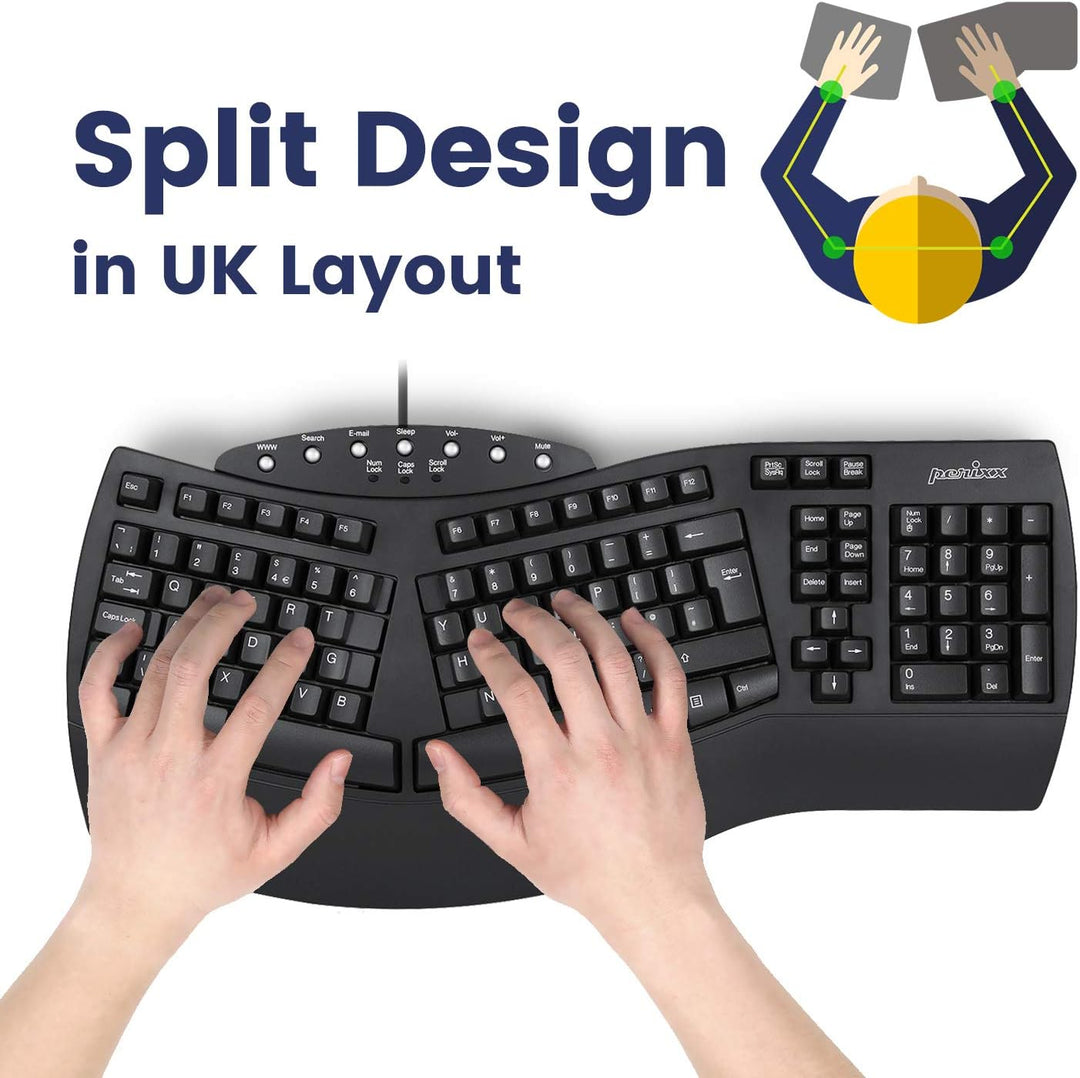 Perixx Periboard-512 Ergonomische Geteilte Tastatur, Natürliches ergonomsiches Design, 485 x 236 x 4