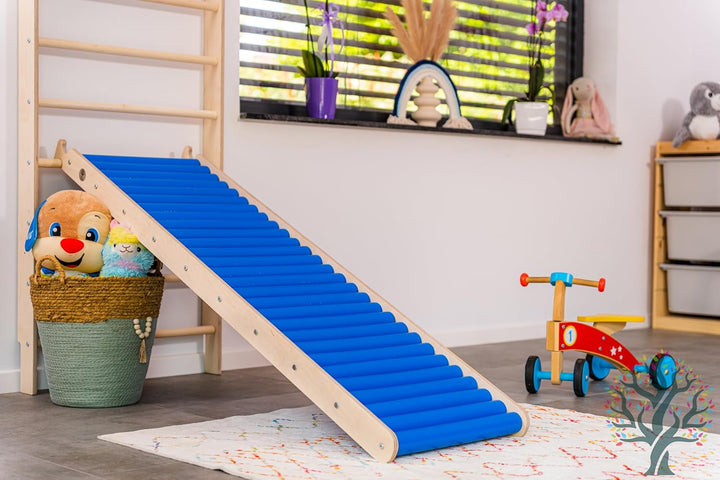 WoodsCraft - 2in1 Set: Indoor Rutsche mit Kletterdreieck | Kinderrutsche-Rollenrutsche: viele Sinnes