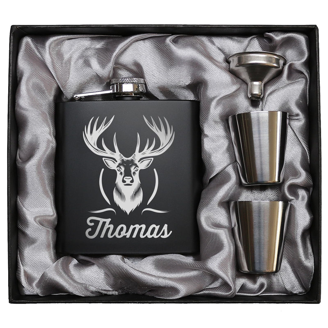 Jäger Geschenk Flachmann Hirsch mit Gravur Flachmann Jäger Geschenkidee Männer Schwarz, Schwarz