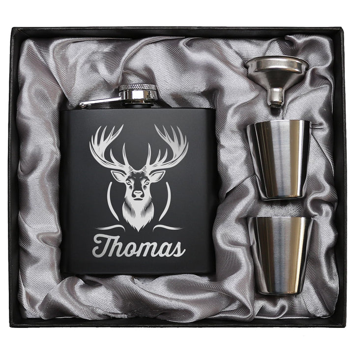 Jäger Geschenk Flachmann Hirsch mit Gravur Flachmann Jäger Geschenkidee Männer Schwarz, Schwarz
