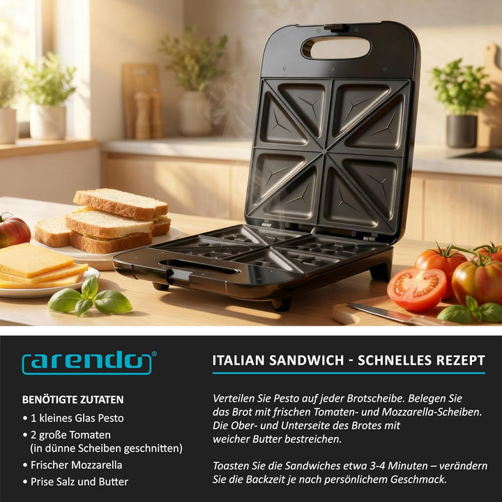 Arendo - Sandwichmaker XXL – für 4 Sandwiches – 1400 W – Sandwichtoaster mit Antihaftbeschichtung –